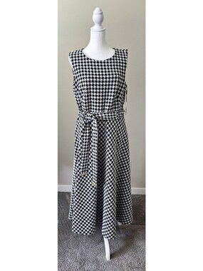NWT Calvin Klein Womens Houndstooth Sleeveless Belted Midi Dress 12 Old Money